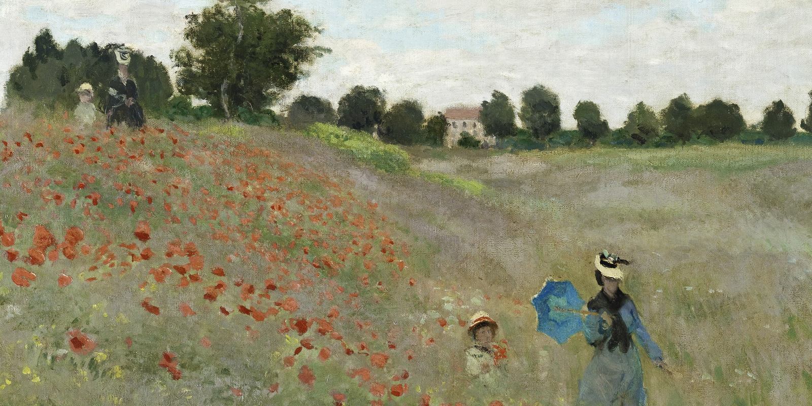  Vintage painting Country Meadow Summer Scenery Mother and Child Strolling in a Poppy Field by a Rustic Cottage Printable Download 